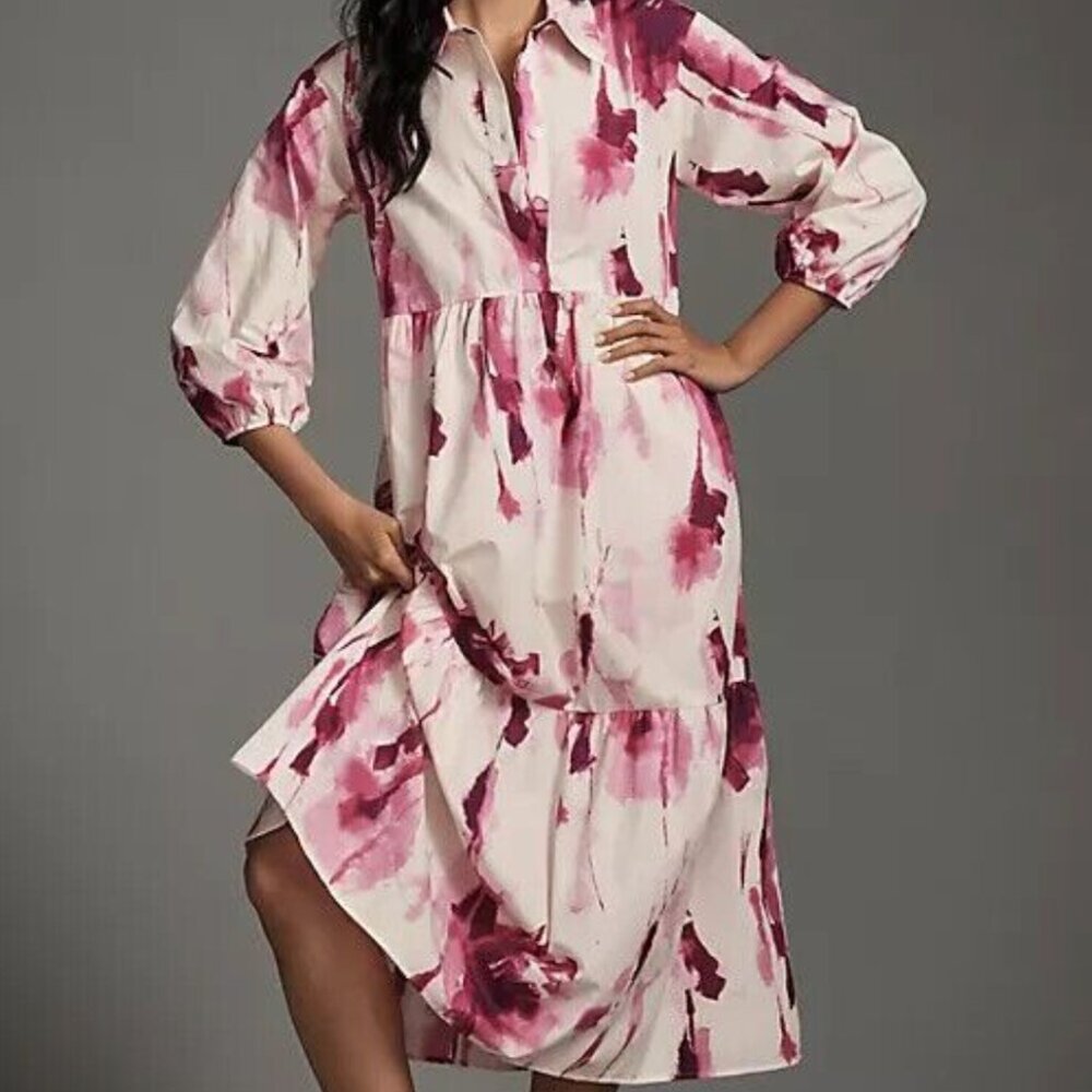 The Bettina Tiered Shirt Dress by Maeve Watercolor Pink - Medium